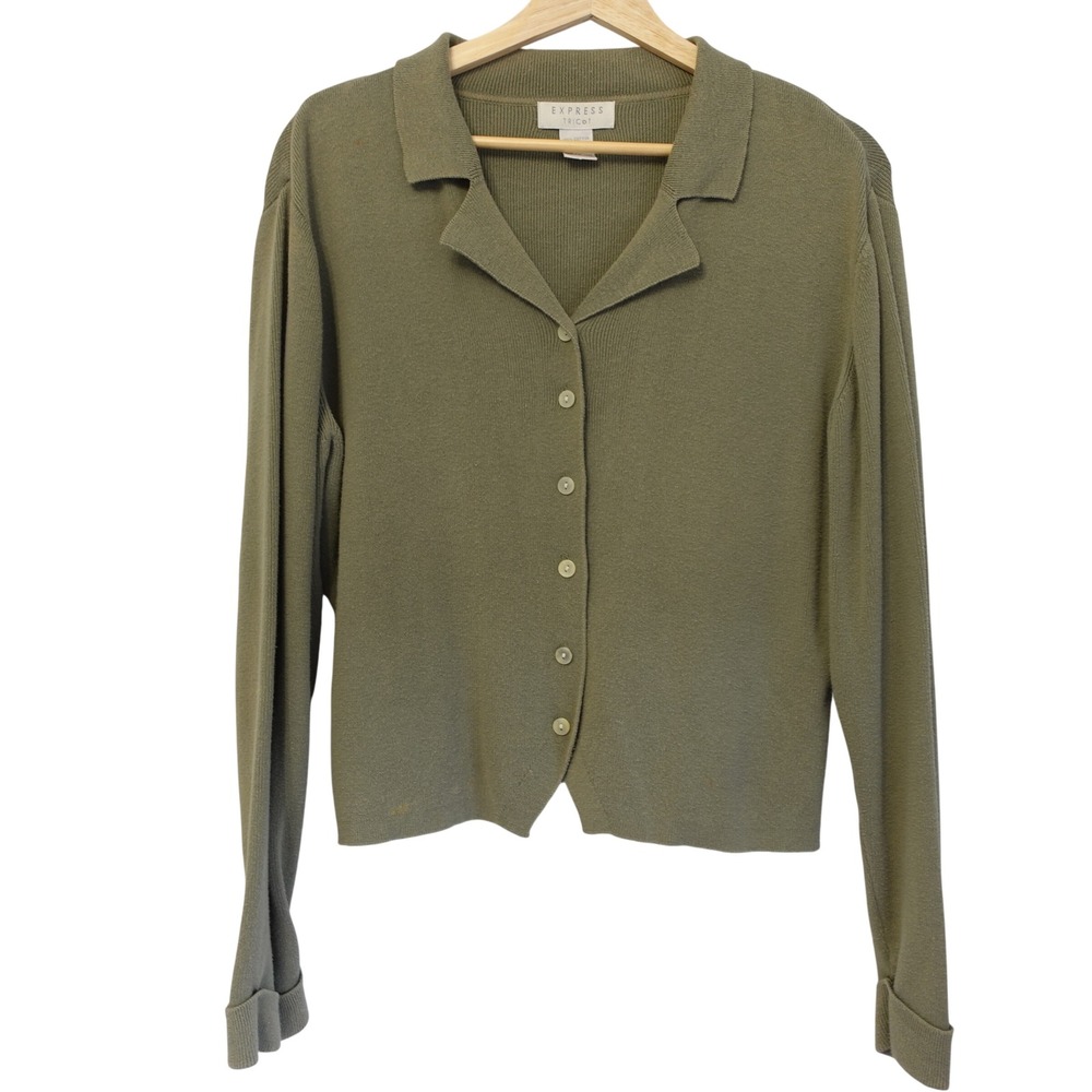 Vtg 90s Express Tricot Cardigan Women L Green Button Up Polo Knit Sweater Preppy